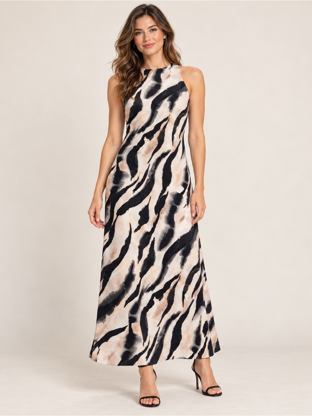 Donna Morgan Abstract Print Sleeveless Maxi Dress Size 6 Black Cream NWT